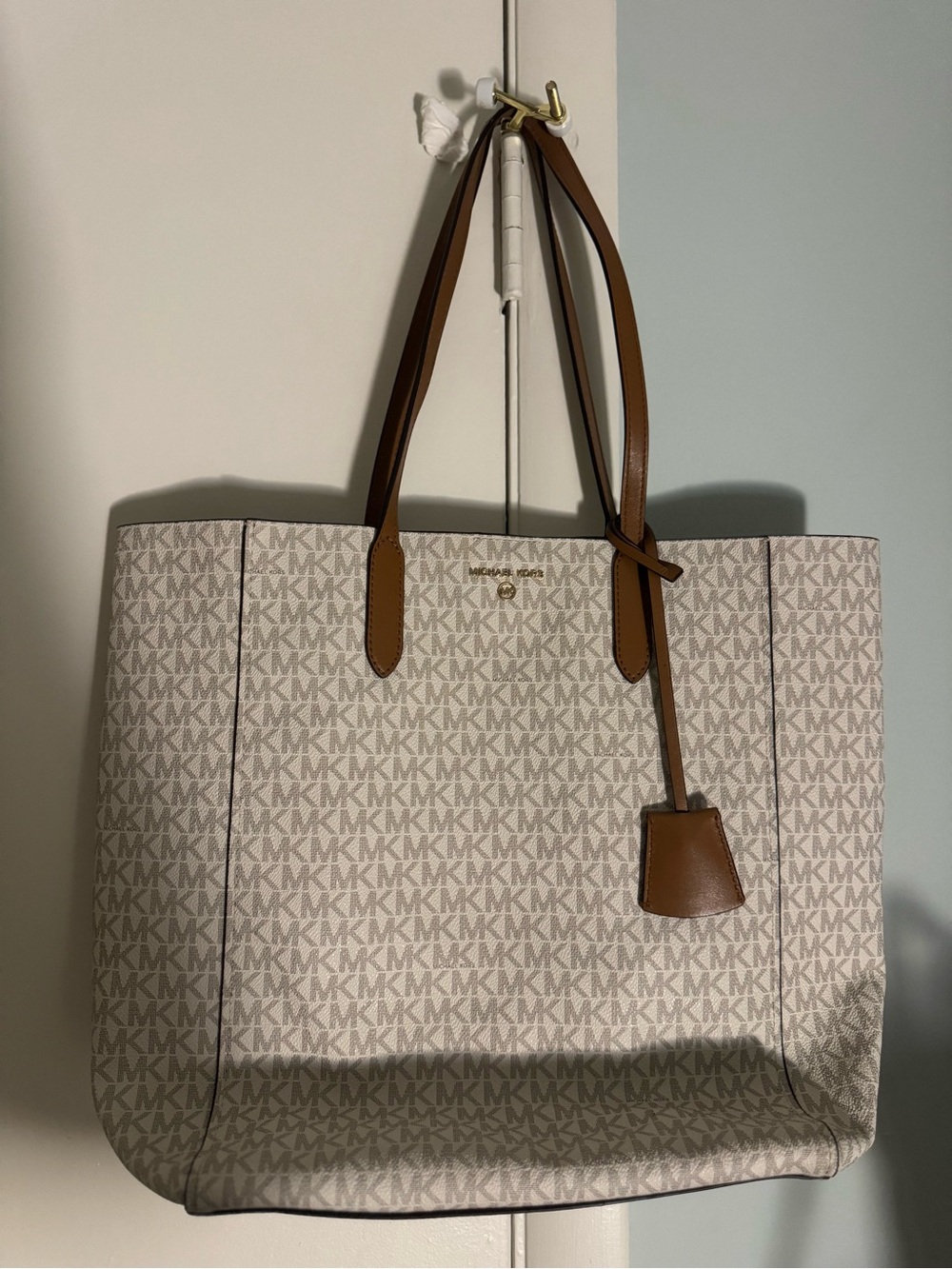 Michael Kors Cream Logo Tote with Brown Trim